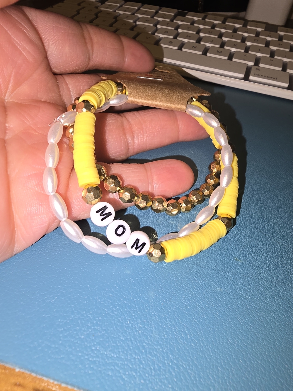 Handmade Yellow 'MOM' Beaded Bracelet Set